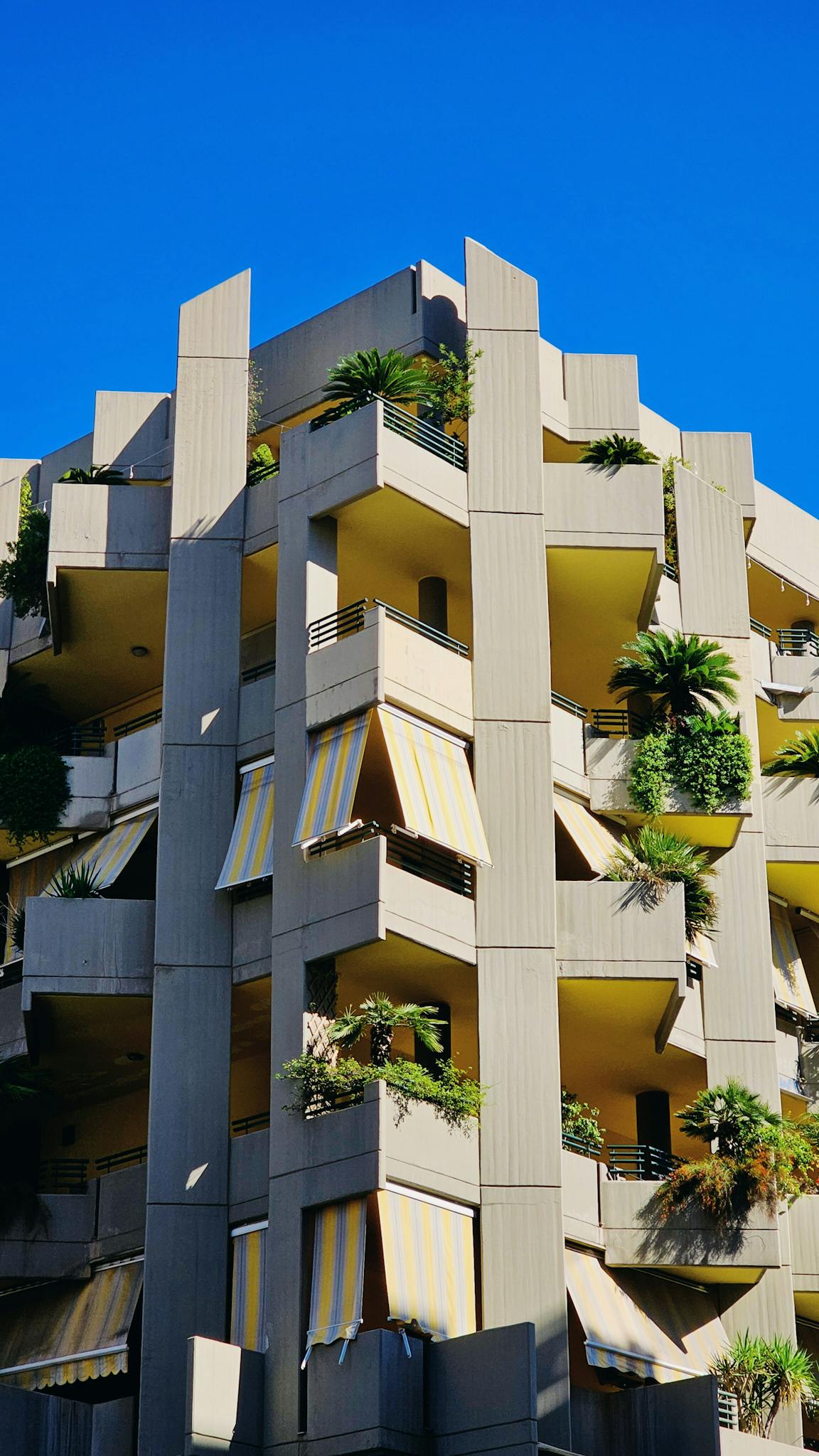 Striking apartment building with plants and yellow awnings in Polignano a Mare, Italy.